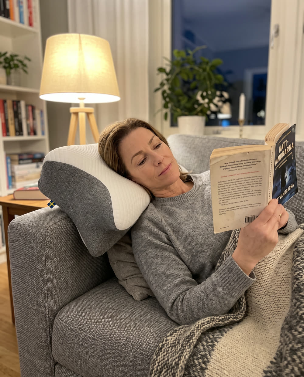 Kvinna läser i soffan med huvudet på SleepEase sovkudde