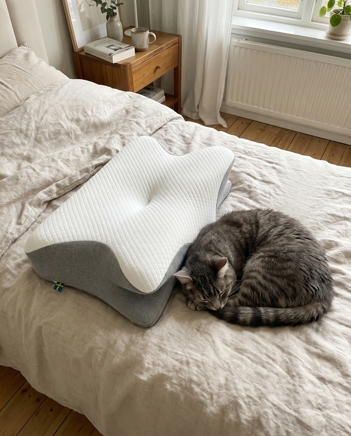 Katt sover bredvid SleepEase sovkudde på sängen