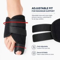 Hallux valgus nattstöd med justerbara remmar för individuell passform och stabil placering på foten.