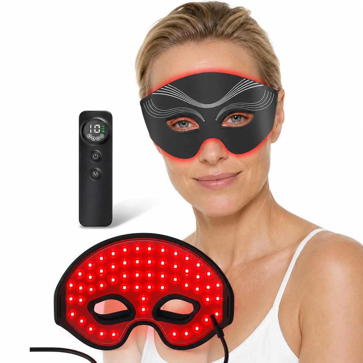 Kvinna använder rödljusterapi ögonmask med LED-ljus och tillhörande kontroll.