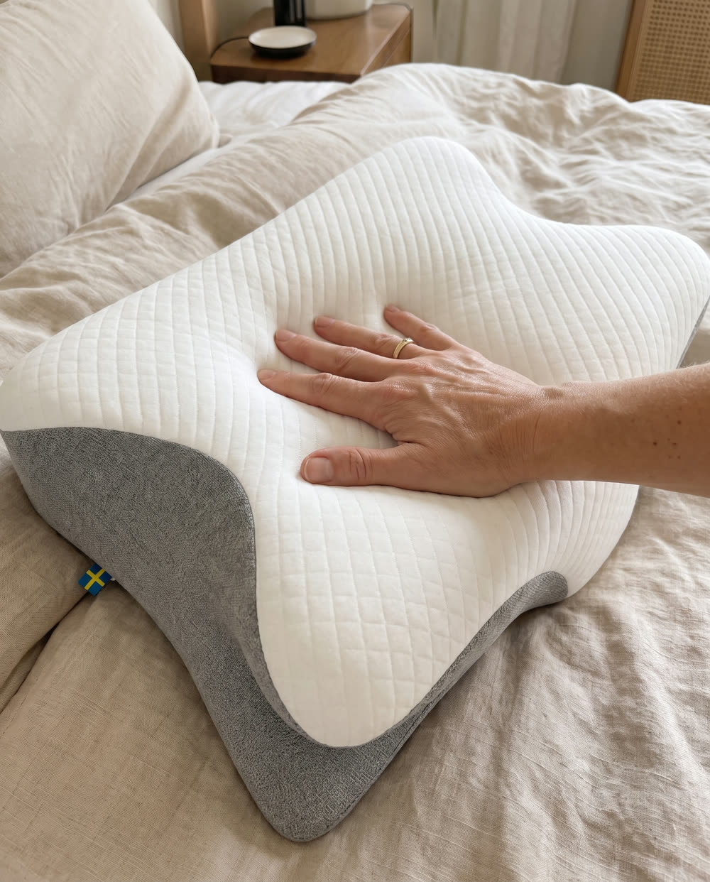 Hand trycker i minnesskummet på SleepEase sovkudde