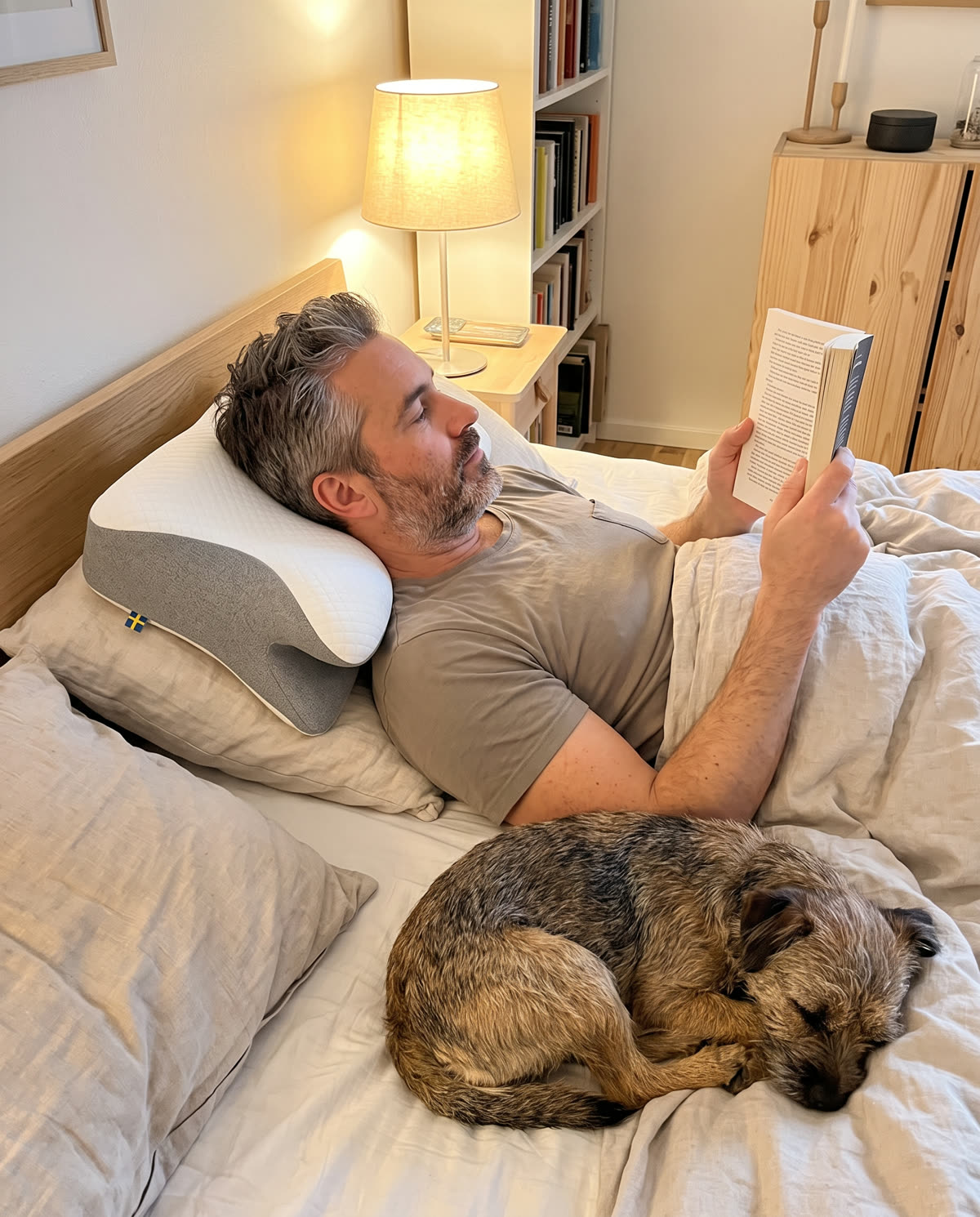 Man läser i sängen med huvudet på SleepEase sovkudde, hund vid fotändan